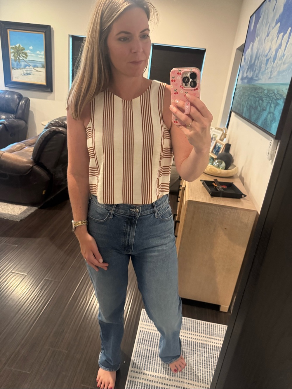 LOFT Cream and Brown striped linen cotton shell top